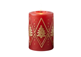 Red Christmas Candle with Gold Christmas Tree Design Festive Holiday Decor Winter Season Illumination Candlelight Ambiance Perfect for Christmas Eve Yuletide Celebration on transparent background