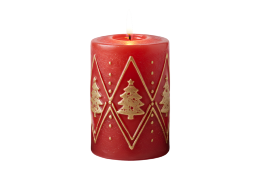 Red Christmas Candle with Gold Christmas Tree Design Festive Holiday Decor Winter Season Illumination Candlelight Ambiance Perfect for Christmas Eve Yuletide Celebration on transparent background