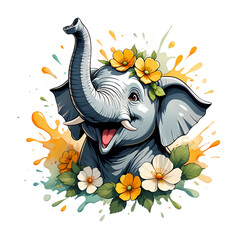 Happy Elephant with Floral Crown Vibrant Animal Illustration on transparent background
