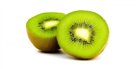 Fototapeta premium A close-up of two kiwi halves, displaying the vibrant green interior against a white backdrop.
