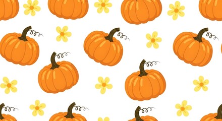 Seamless pattern of orange pumpkins and yellow flowers isolated on white background, perfect for autumn and halloween designs