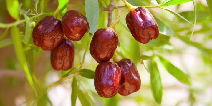 Delicious jujube fruits hanging from a tree branch in bright sunlight, ready for picking and eating.