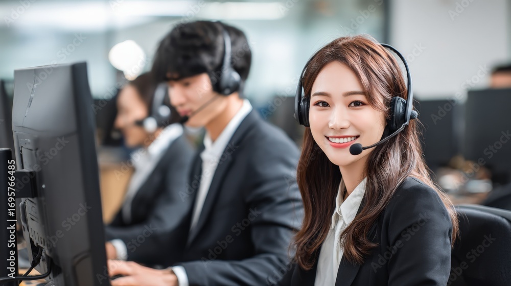 Poster smiling asian customer service representative with headset in busy call center environment
