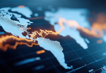 Global Market Analysis Displayed as Glowing Chart Overlaying a World Map, Indicating International Finance Trends