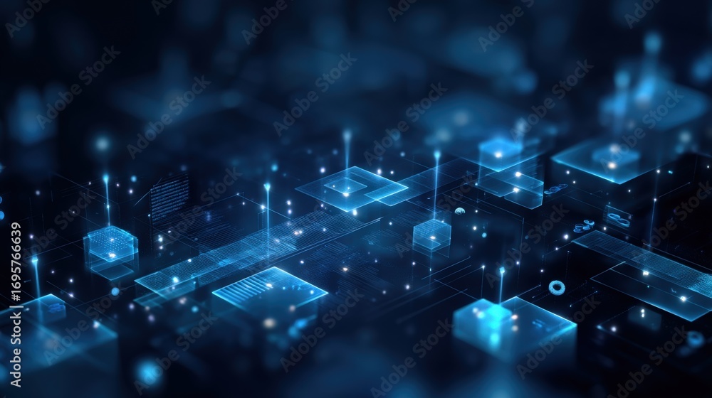 Poster abstract technology background with glowing digital elements and circuit patterns in blue tones for 