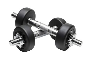 Fototapeta premium Fitness Equipment Closeup of Chrome Dumbbells with Rubber Coated Weights for Home Gym Workouts on transparent background