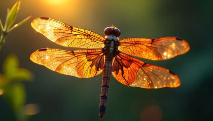 A dragon fly with stainless glass wings glowing in sunlight