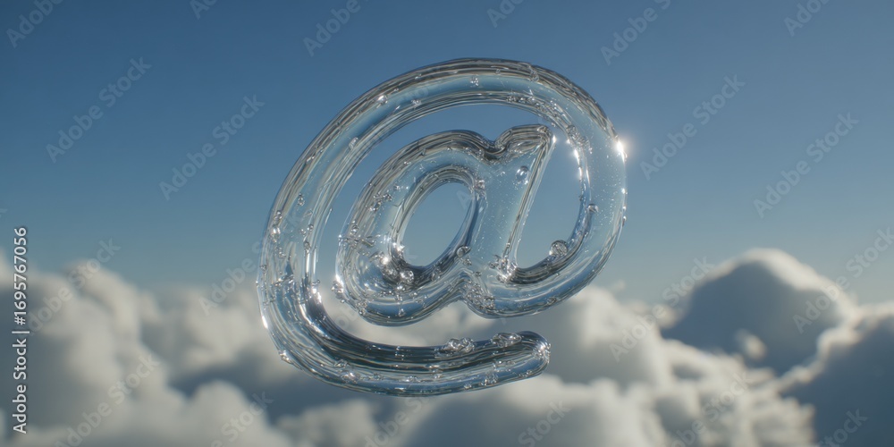 Poster transparent symbol in sky: conceptual digital communication image with ethereal cloudscape backdrop