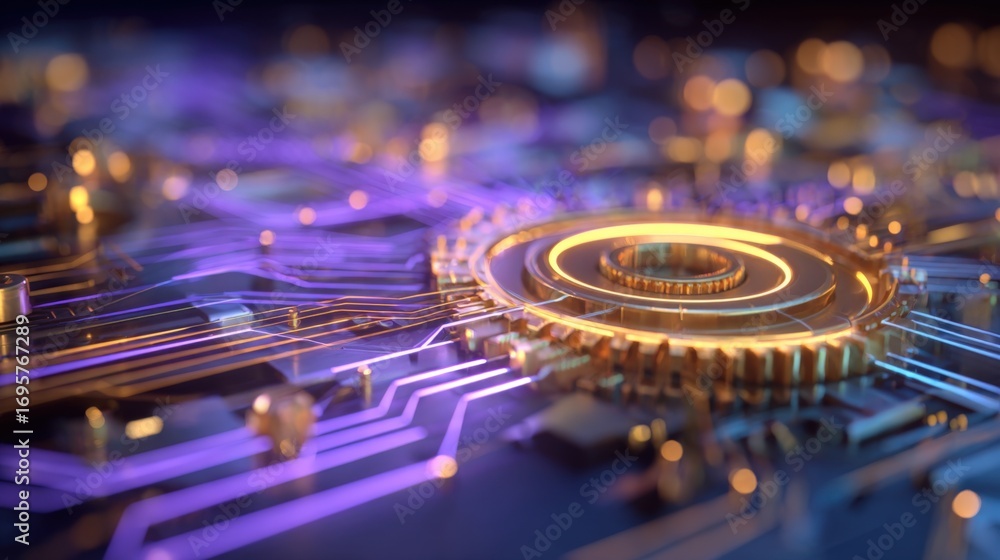 Poster golden central processor with purple circuitry: high-tech innovation and futuristic technology rende