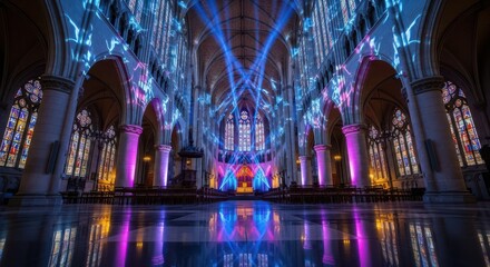 Spectacular light show illuminates the grand interior of a gothic cathedral with colorful reflections on the floor
