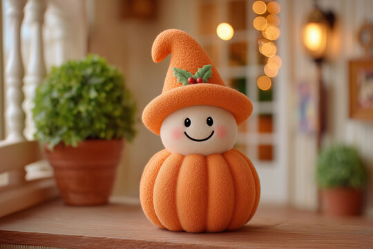 Cute plush pumpkin toy with smiling face and orange hat