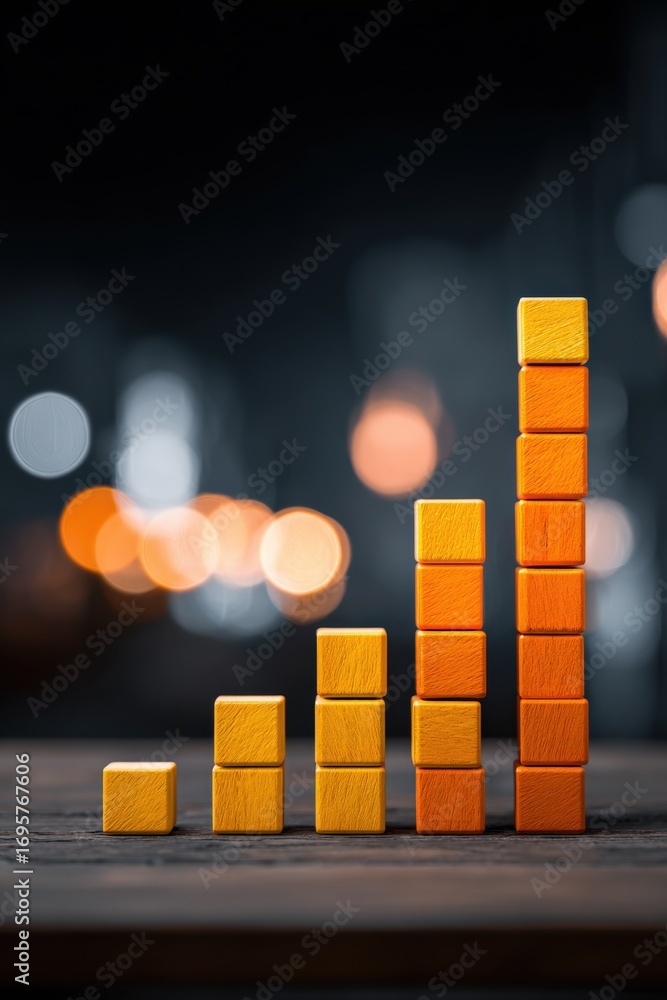 Aufkleber growth chart represented with wooden blocks in ascending order against blurred background