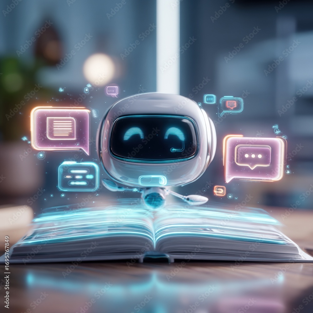 Aufkleber friendly robot assistant with open book and glowing chat bubbles for ai communication