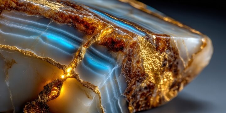 This macro shot shows a beautifully detailed gemstone with gold accents and blue highlights.