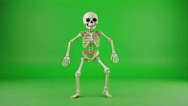 Skeleton dancing on a green screen with arms crossed and legs apart in a studio setting halloween skelton green screen video