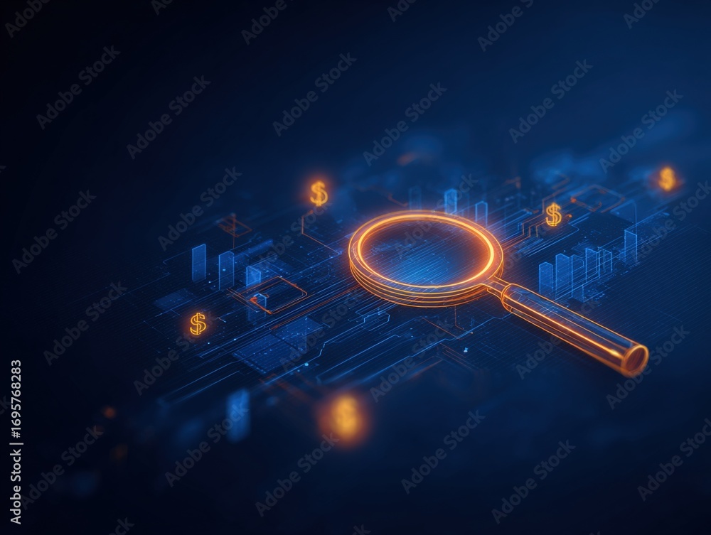 Poster financial analytics and data analysis with magnifying glass on digital background representing marke