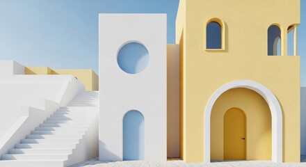 Modern Mediterranean Architecture with Bright White Stairs and Yellow Walls