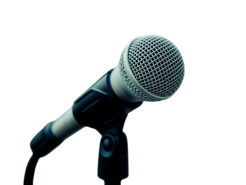Silver Microphone on Stand Against Black Background for Professional Use