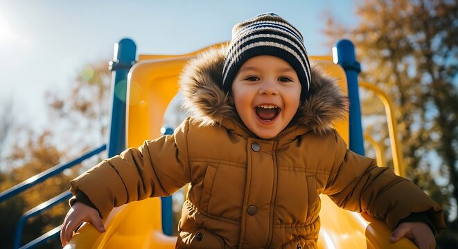 Joyful child on playground slide happy laughing