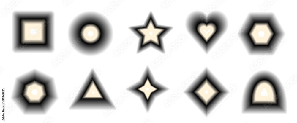 Poster blur brutalist geometric shapes set.black and beige gradient textured y2k elements. blink, rectangle