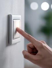 Finger Activating Light Switch on Wall to Turn Power On, Energy Efficiency Concept