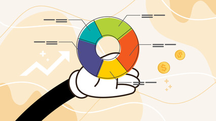 business analysis illustration, hand retro cartoon holding business analysist pie chart, business pie chart design, business presentation material