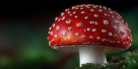 A stunning close-up of a vibrant red fly agaric mushroom in its natural environment.