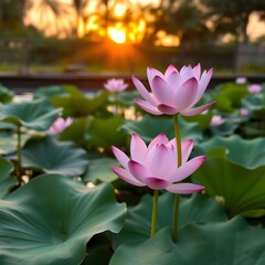 Two pink lotus flowers bloom in a pond filled with green lily pads, illuminated by the warm light of the setting sun.
