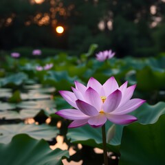 Obraz premium Pink lotus flower blossoms in a serene pond at sunset.