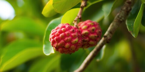 Obraz premium Two ripe sugar apples hang from a branch, surrounded by green leaves in natural light.
