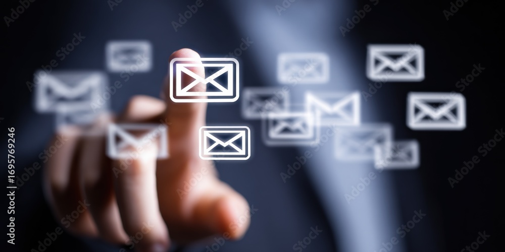 Poster man presses virtual envelope icon representing email communication, digital messaging, and internet 