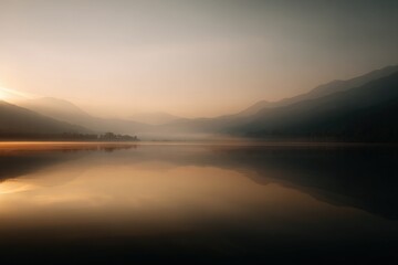 Serene Mountain Lake Reflection at Sunrise: Golden Hour Landscape with Fog and Atmospheric Light