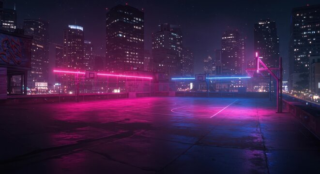 Neon-lit urban rooftop basketball court at night, bathed in vibrant pink and blue hues, showcases city skyline.