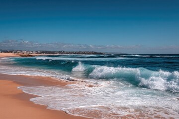Wide beach shot with turquoise waves crashing on a pale gold sand shore, against a backdrop of a clear blue sky and distant city