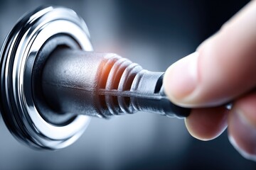 Close-up of a hand inserting a cable into a metallic socket, showing a glowing, orange-red area at the plug's tip