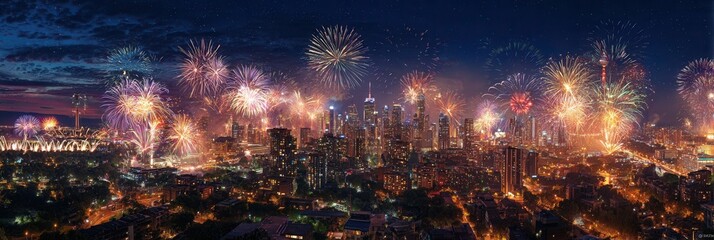 A panoramic view of a city skyline at night with vibrant fireworks exploding over skyscrapers, illuminated buildings, and a dark sky.