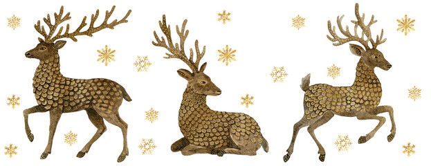 Obraz premium Freehand festive watercolor set of Christmas reindeer with elegant golden details. For holiday cards, winter invitations, seasonal decor, design projects. Hand drawn watercolour deers, gold ornament