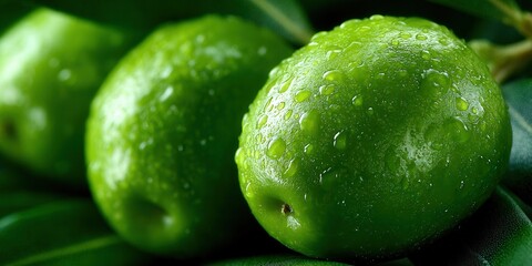 Vibrant green olives with water droplets, perfect for culinary and healthy eating concepts.