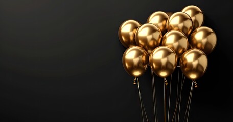 A cluster of shiny gold balloons against a sleek black background, celebrating a festive occasion