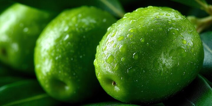 Vibrant green olives with water droplets, perfect for culinary and healthy eating concepts.