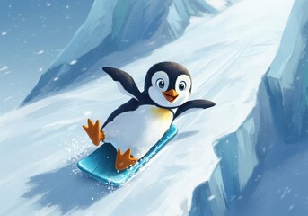 Obraz premium Cute cartoon penguin sliding down an icy slope on a sled