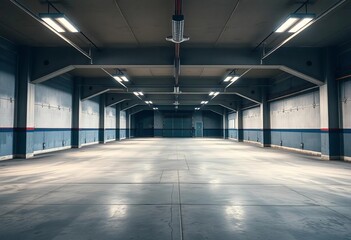 Empty garage interior, bare concrete floor, high ceiling, no cars, setting, atmosphere