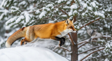Fox Running in Snowy Forest Chasing Bird
