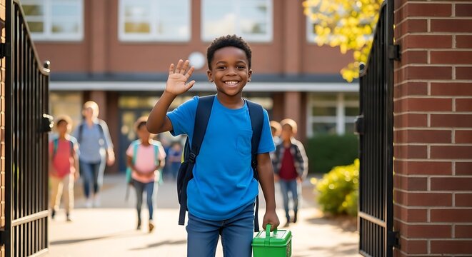 Boy waving hello with lunchbox school backpack - Powered by Adobe