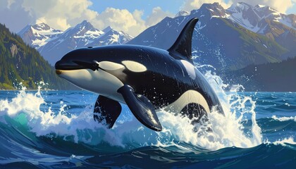 Fototapeta premium A majestic orca breaches the waves, showcasing its powerful form against a backdrop of snow-capped mountains and lush forests.