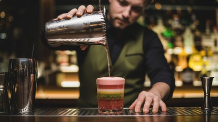 A bartender with a focused expression pours a colorful cocktail into a glass at a bustling bar. The setting is lively, with patrons enjoying their drinks around him.