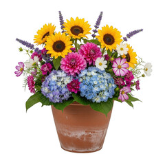 Naklejka premium Vibrant summer flower arrangement in terracotta pot isolated on transparent background