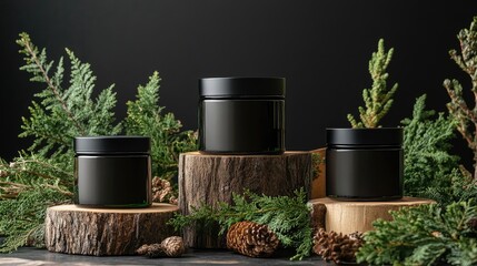 Elegant skincare jars on wooden pedestals among evergreen boughs