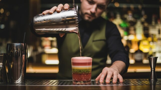 A bartender with a focused expression pours a colorful cocktail into a glass at a bustling bar. The setting is lively, with patrons enjoying their drinks around him. - Powered by Adobe