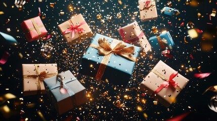 Elegant Floating Presents with Glittering Confetti Against a Dark Background